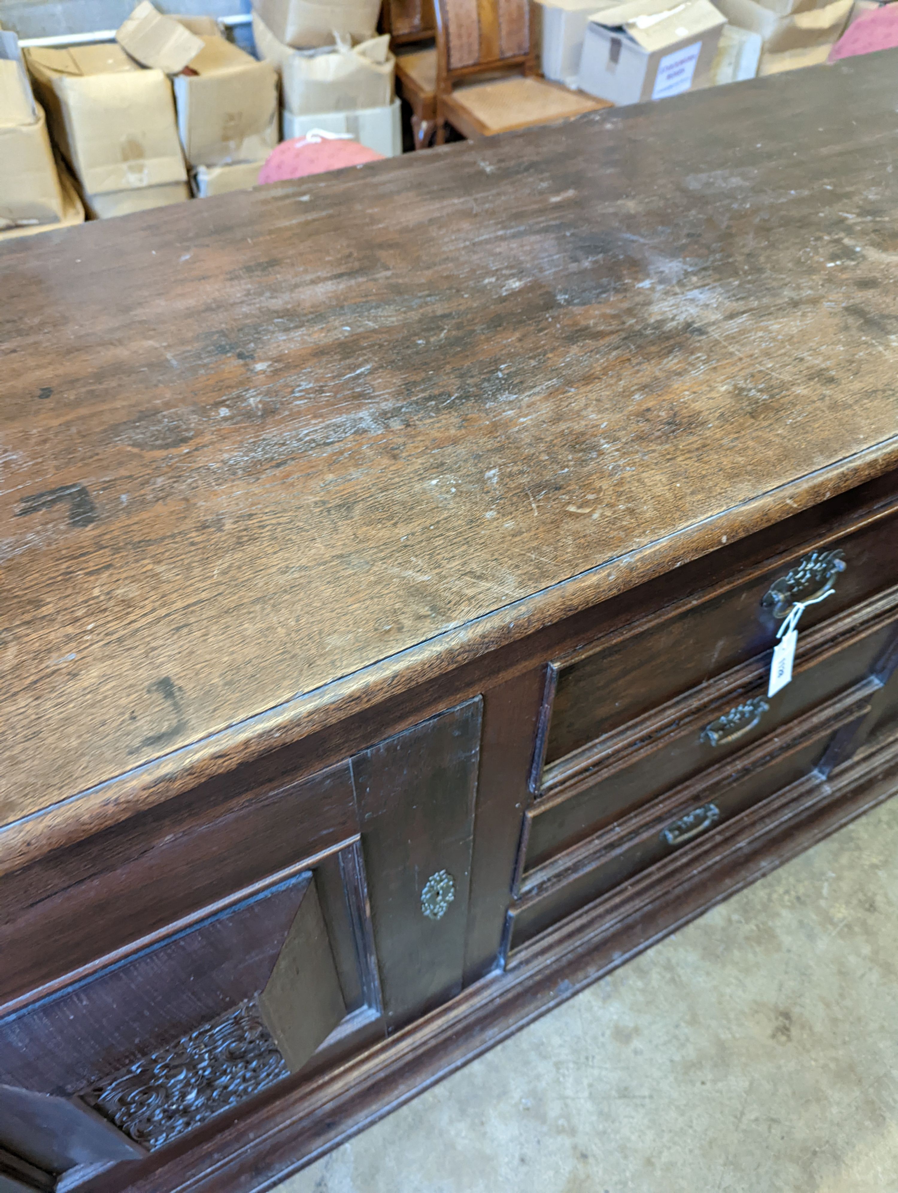 A 19th century Dutch oak buffet, width 210cm, depth 70cm, height 102cm